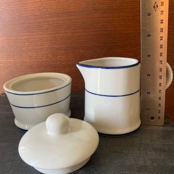 Lynns Stoneware Sugar & Creamer Set Glazed Blue Bands Simplistic Modern - Picture 11 of 11